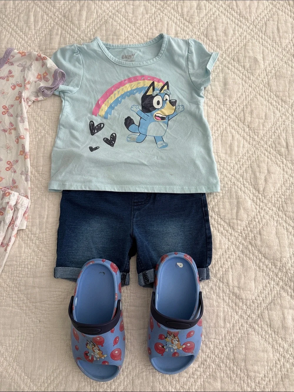 Bluey outfit with sandals girl 3T Denim Shorts and Too Set 6 pc sandals 8/9T
